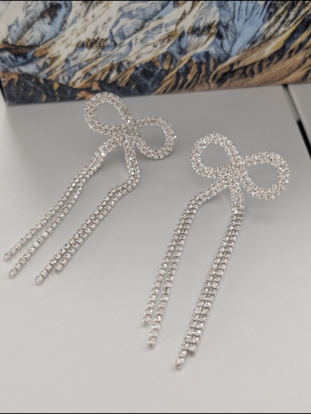 Silver Crystal Bow Drop Earrings - Elegant Rhinestone Fringe